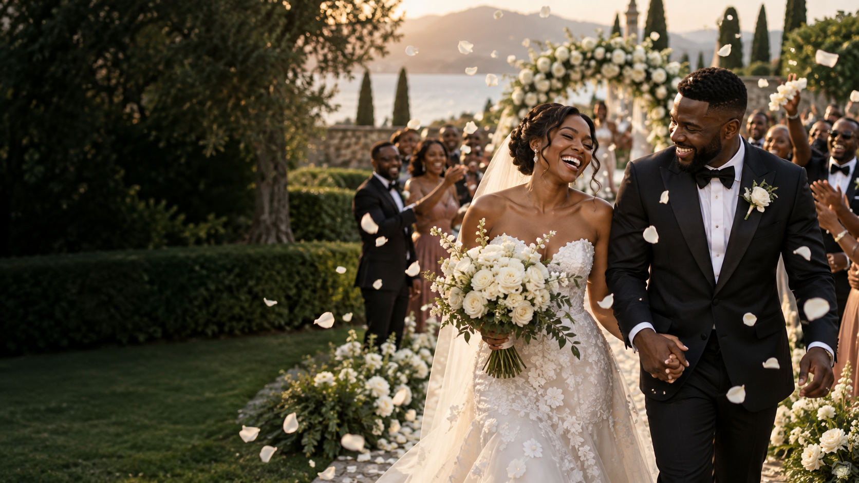 Newlyweds celebrating beneath flower petals