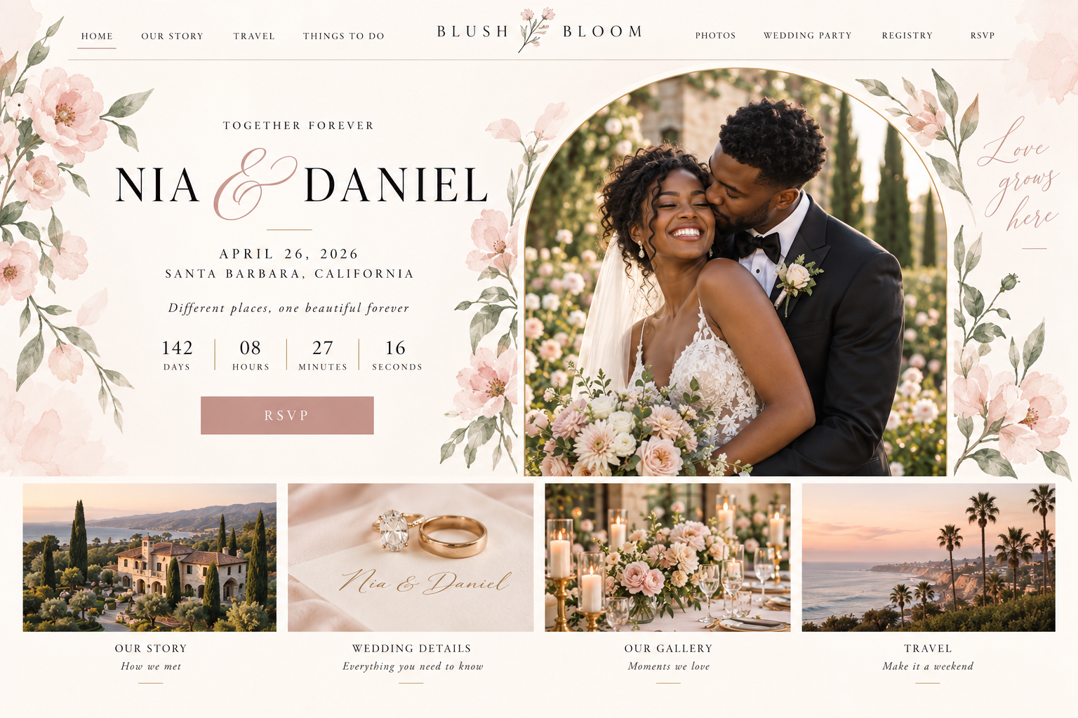 Blush Bloom wedding website template preview
