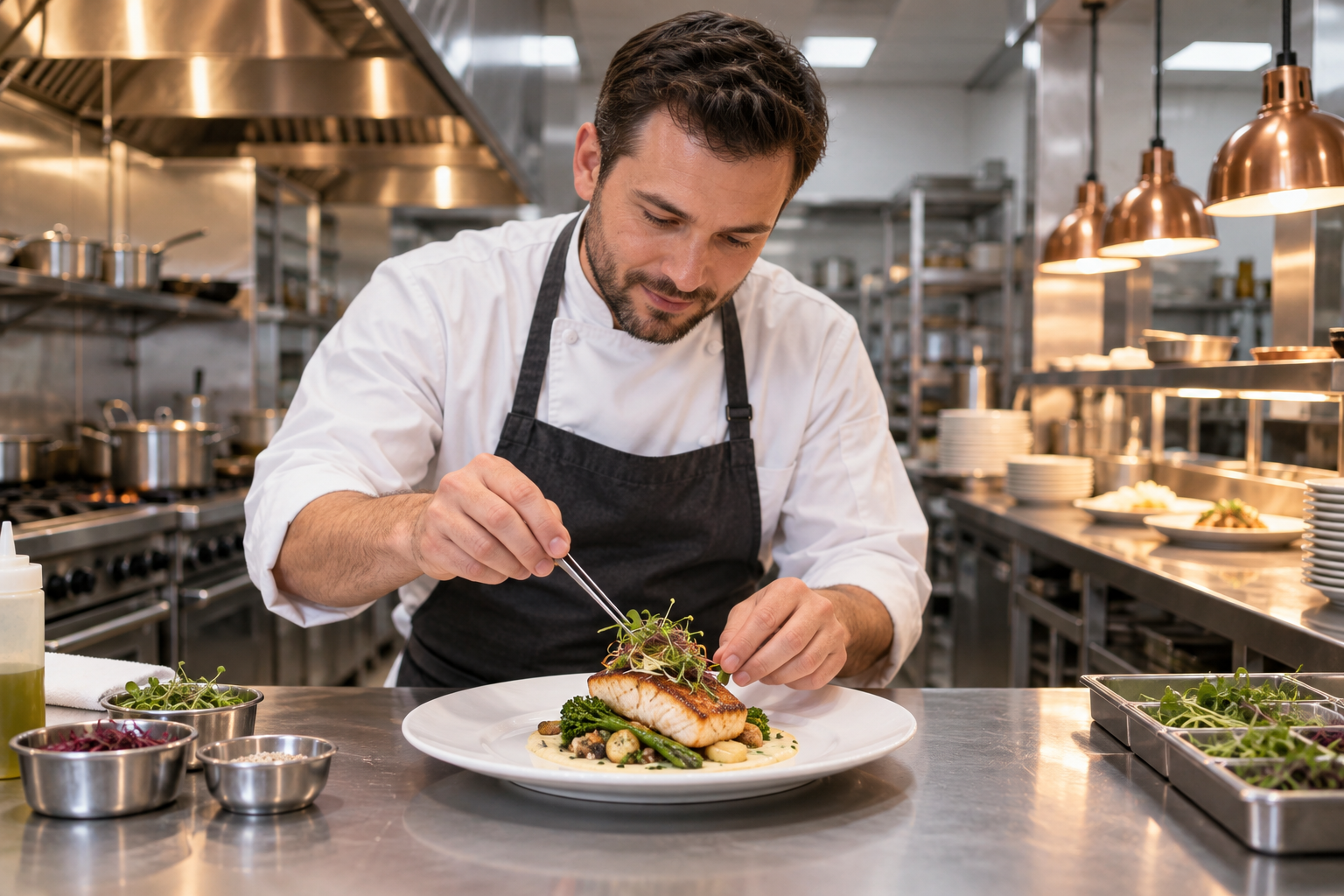 A caterer plating food in a professional kitchen