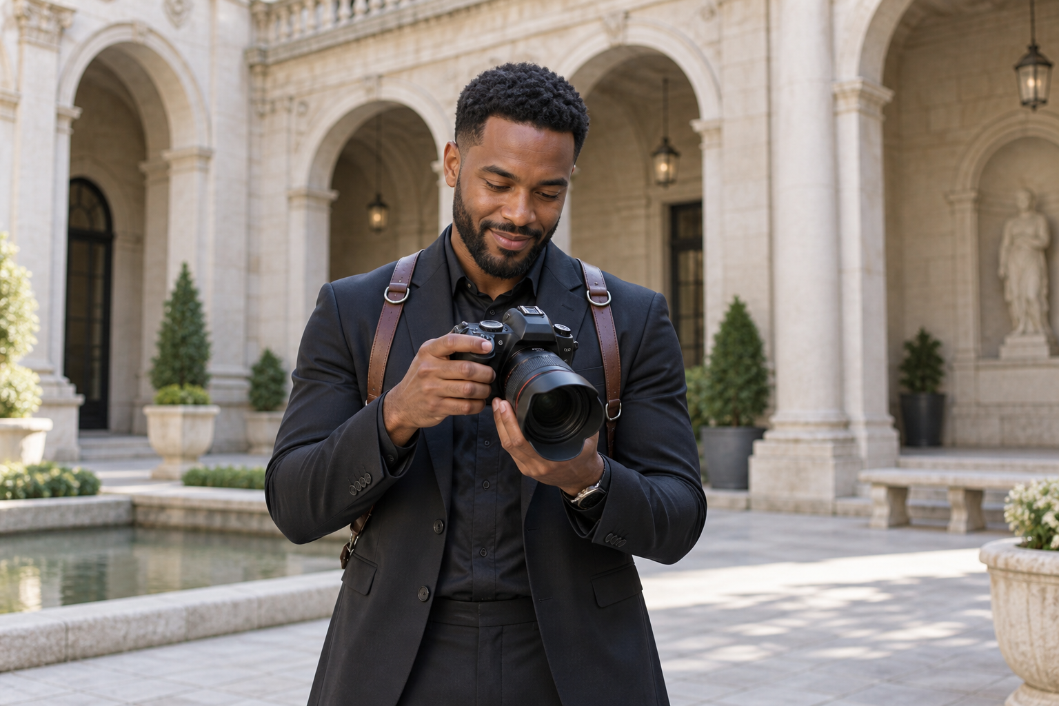 A photographer reviewing a camera against an architectural backdrop